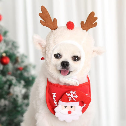 2PCS Christmas Adjustable Pet Christmas Costume Set Including Reindeer Antlers Christmas Tree Headband and Pet Christmas Accessories Decoration Scarf