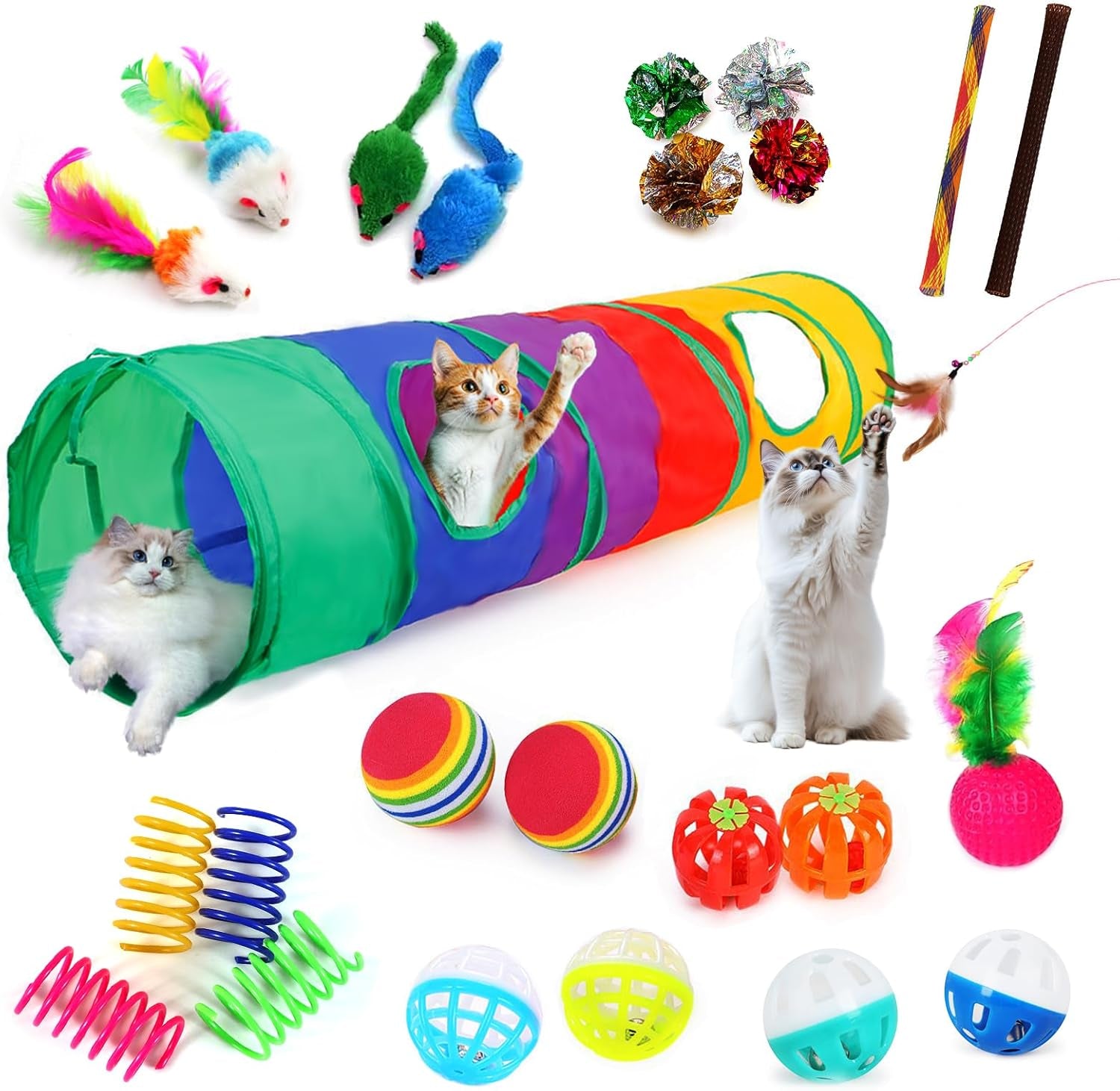 Kitten Toys, Cat Toys, 25 Assorted Cat Stuff Toys Pack Including Crinkle Tunnel Ball Wand Teaser Feather Mouse Mice Spring Assortment Kit for Cats Kittens Rabbits Puppies Rainbow